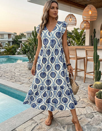 Blue Print V Neck Maxi Dress