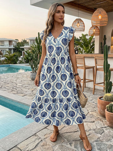 Blue Print V Neck Maxi Dress