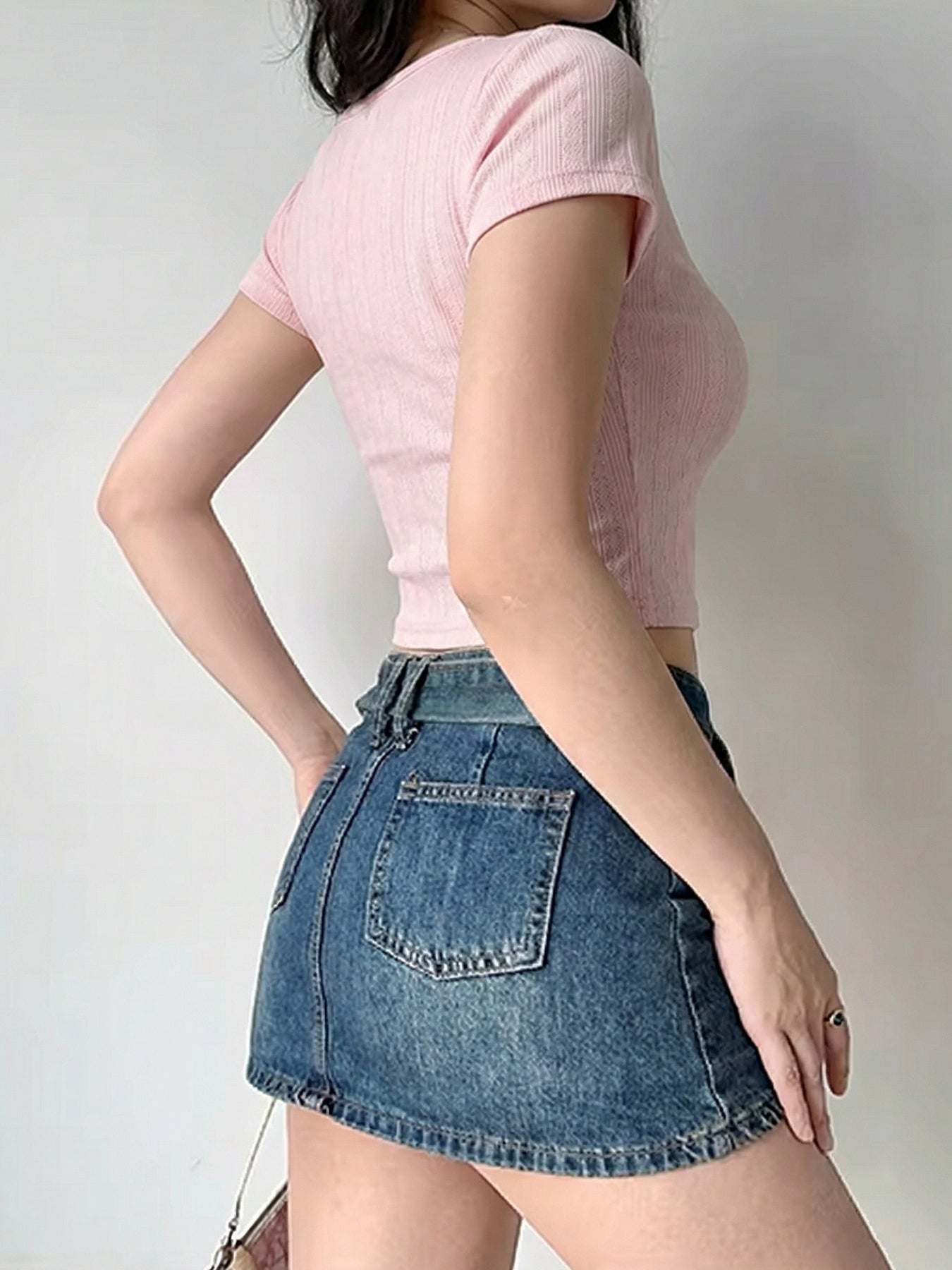 Ribbed Bow Detail Crop T Shirt