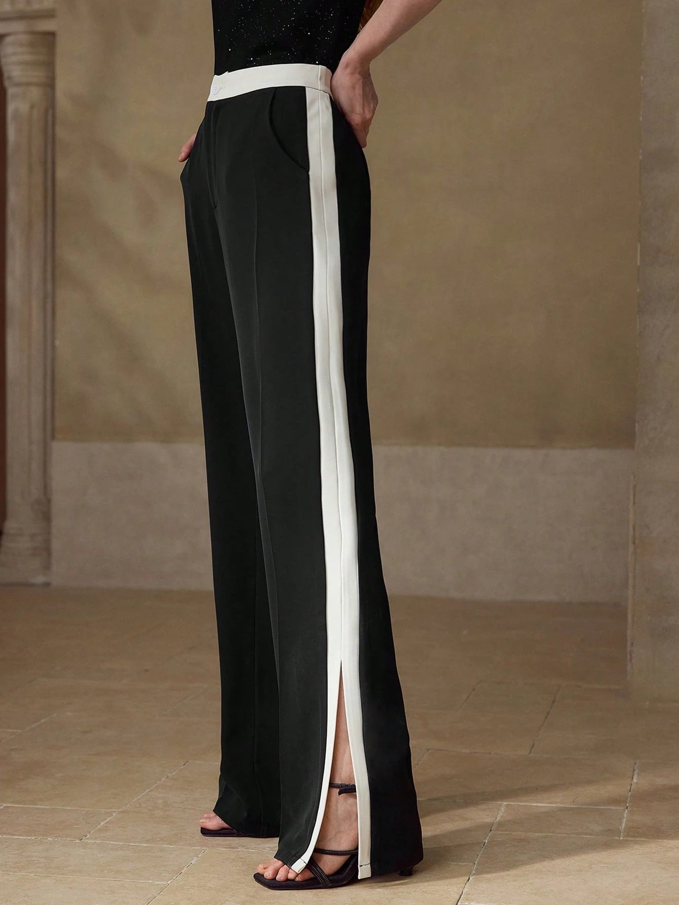 High-Waisted Side-Stripe Slit-Leg Modern Pants-Black