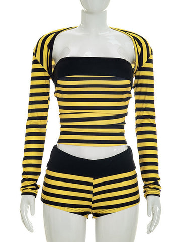 Striped Ribbed Tube Top Shorts Set