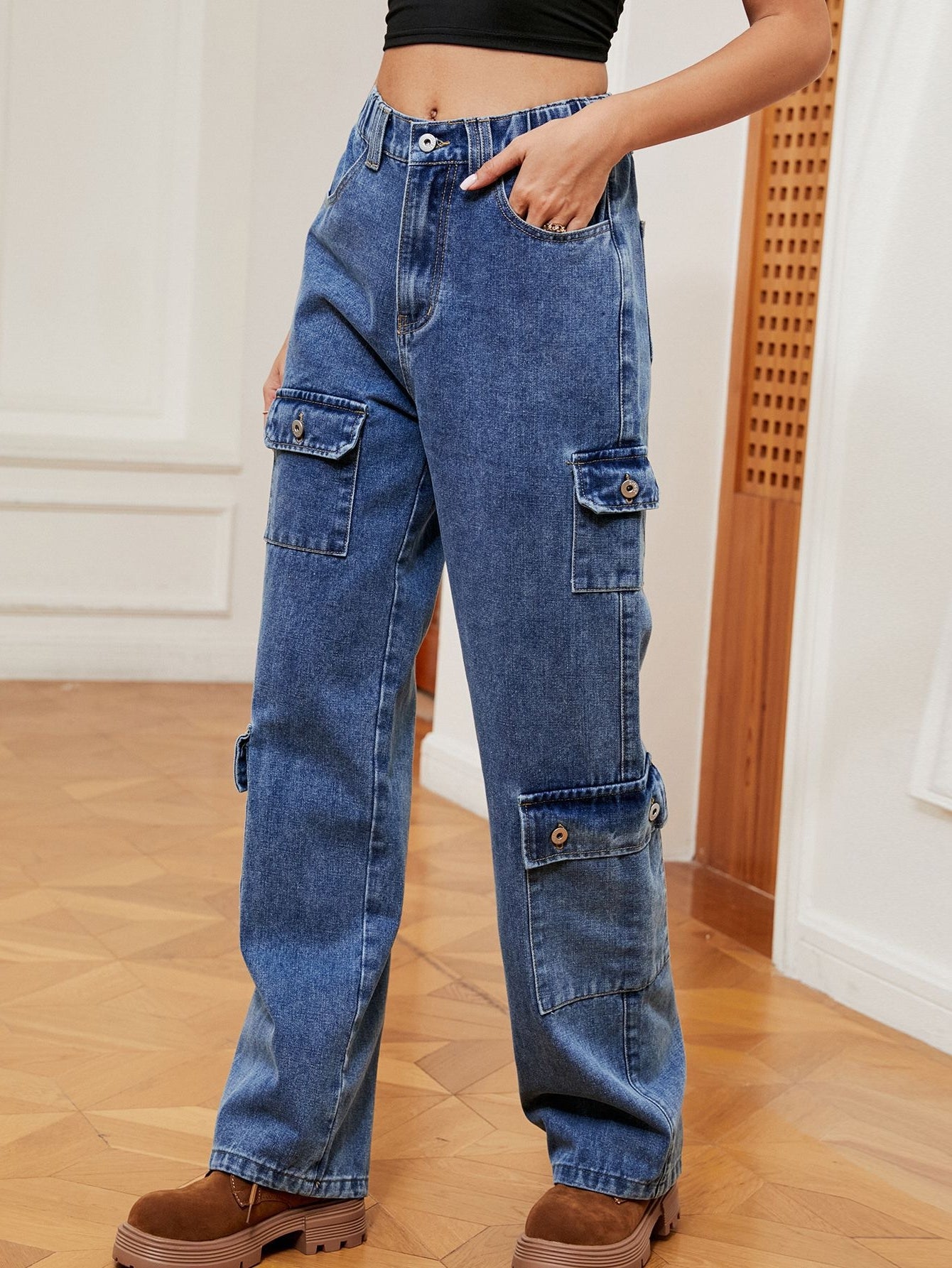 High Waisted Utility Cargo Jeans