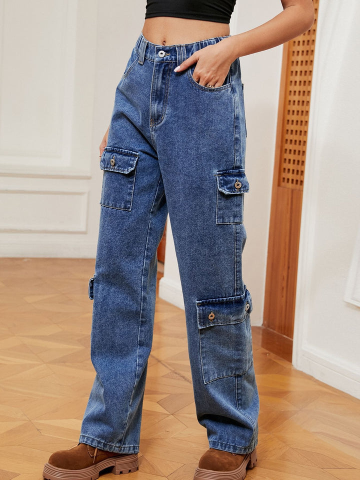 High Waisted Utility Cargo Jeans