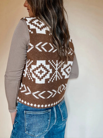 Boho Aztec Print Button Knit Vest