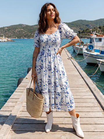 Floral Smocked Puff Sleeve Midi Dress