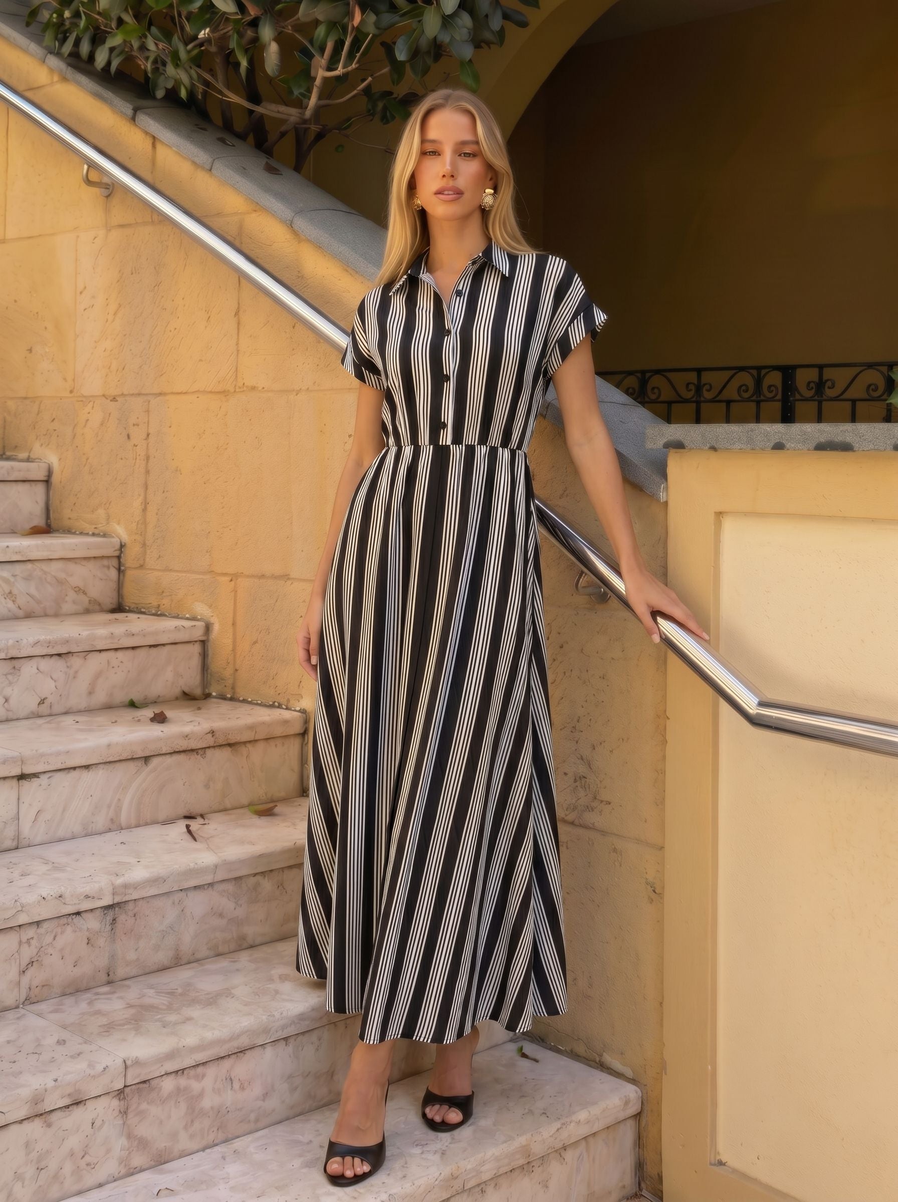 Elegant Striped Button Down Maxi Dress