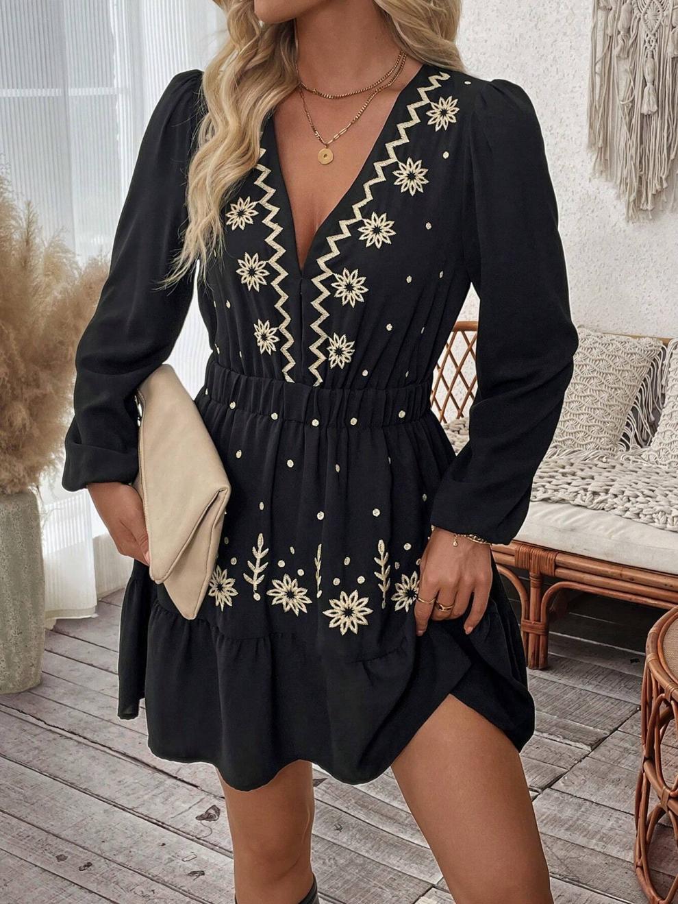 Boho Embroidered V Neck Mini Dress