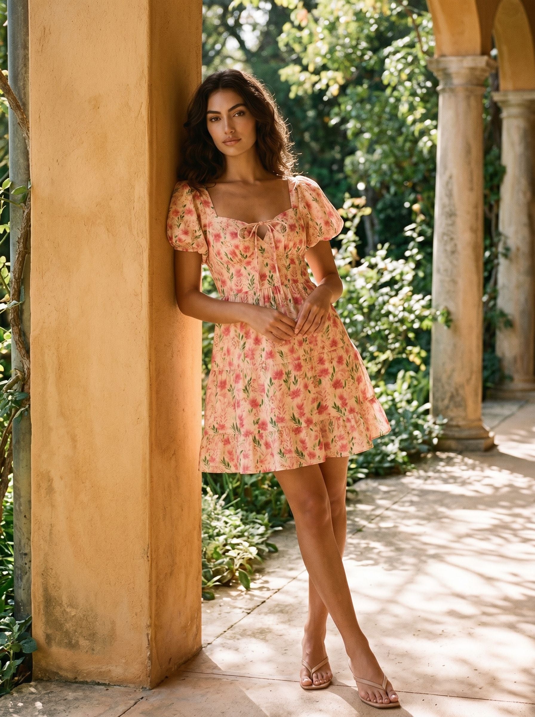 Floral Print Puff Sleeve Tiered Mini Dress