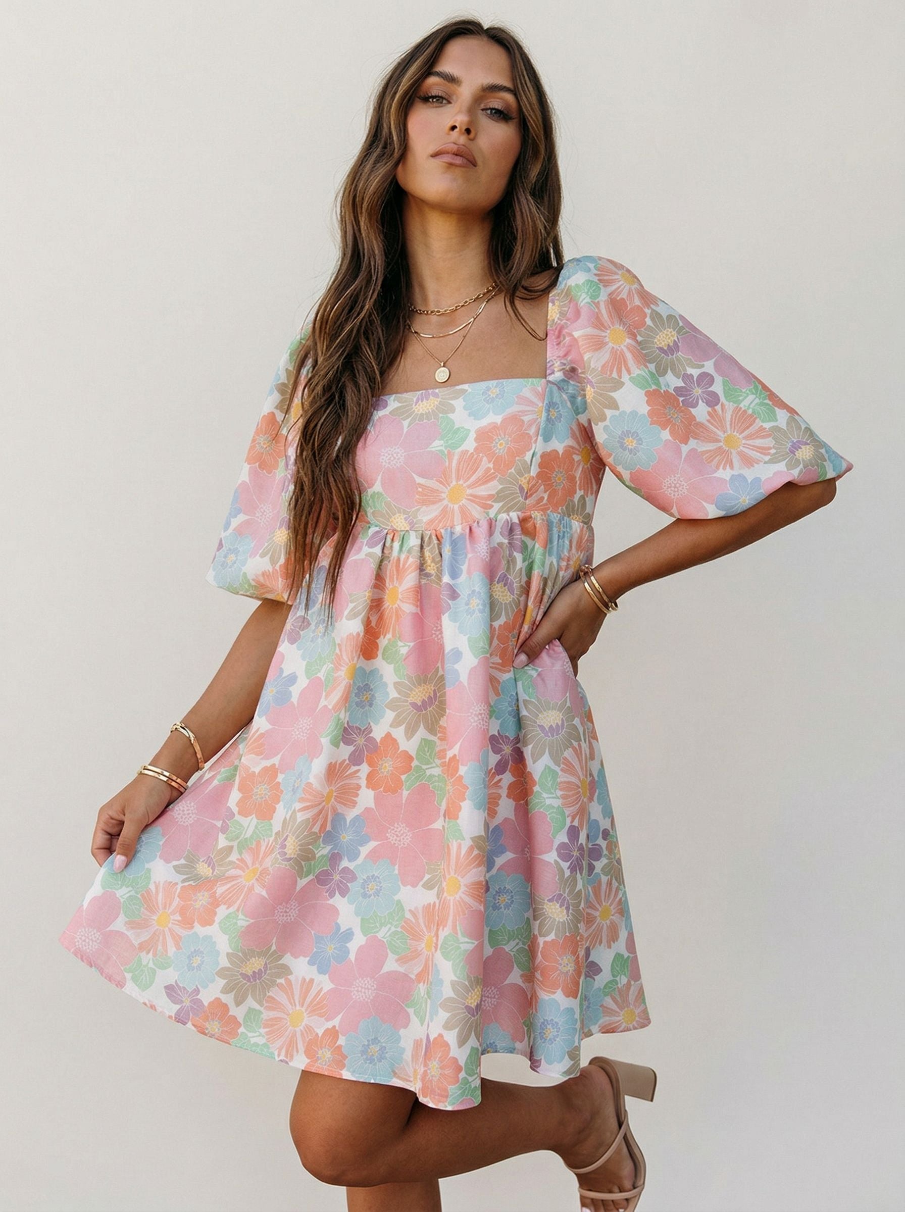 Square Neck Floral Print Elegant Mini Dress