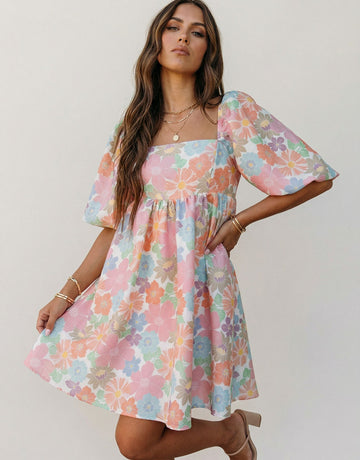 Square Neck Floral Print Elegant Mini Dress