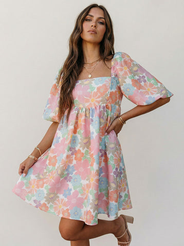 Square Neck Floral Print Elegant Mini Dress