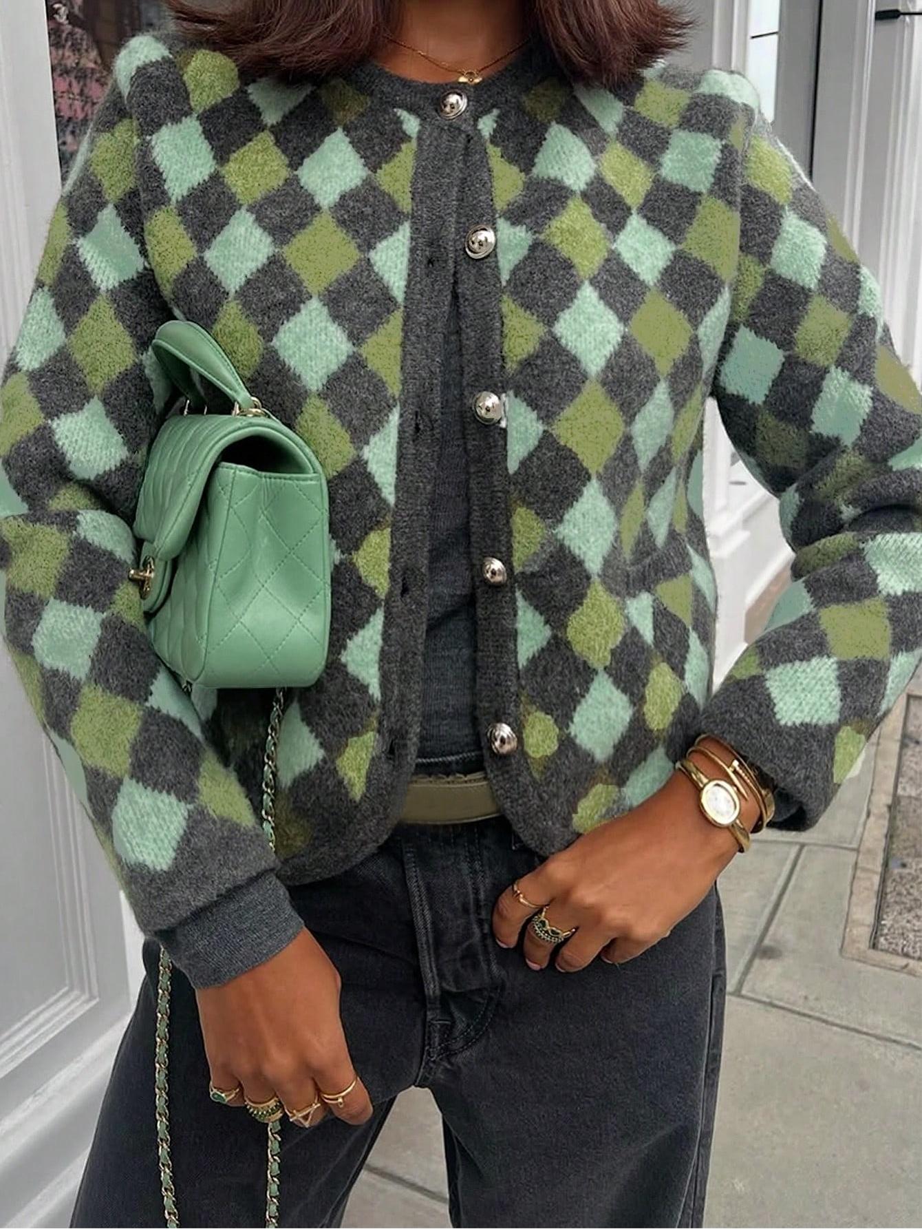 Cozy Argyle Pattern Knit Cardigan
