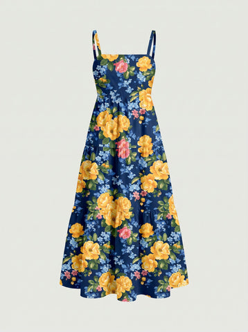 FLORA Floral Print Tiered Strap Midi Dress