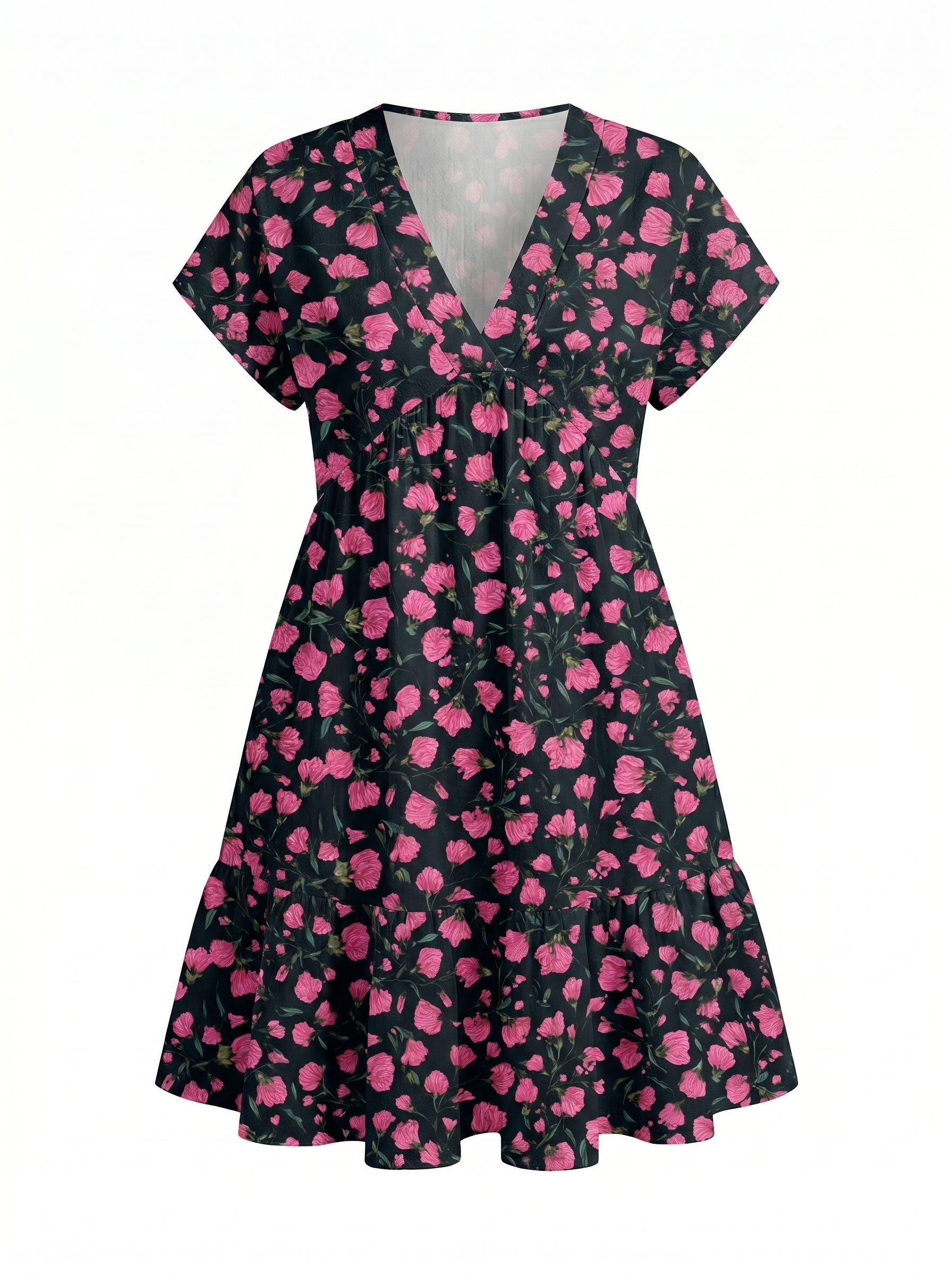 EVA Floral Print V Neck Tiered Babydoll Mini Dress