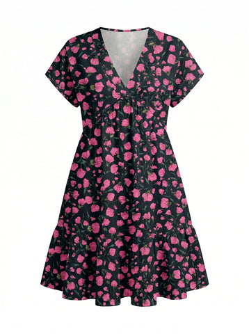 EVA Floral Print V Neck Tiered Babydoll Mini Dress