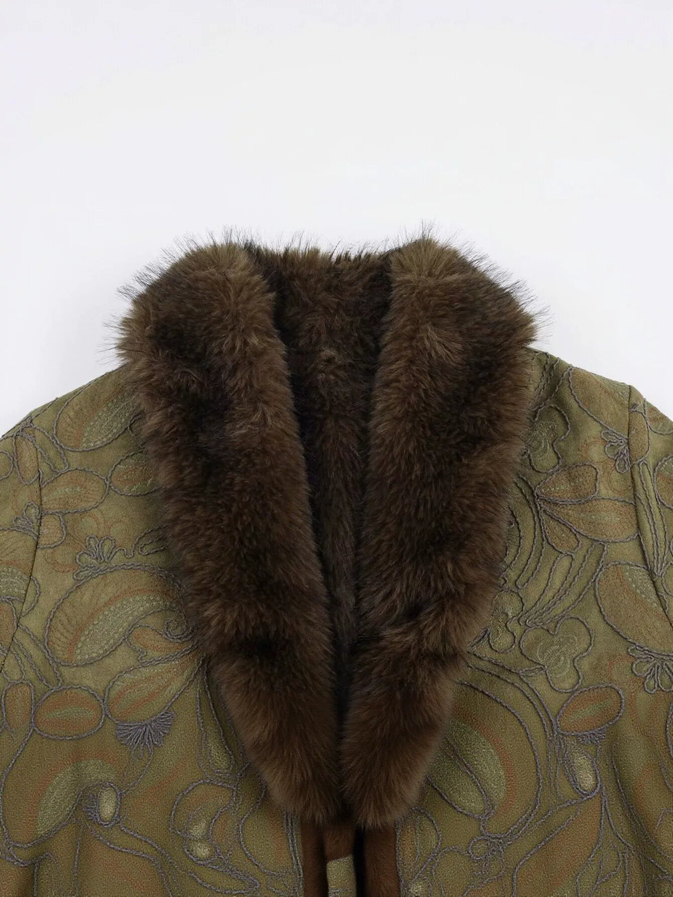 Embroidered Faux Fur Trim Coat