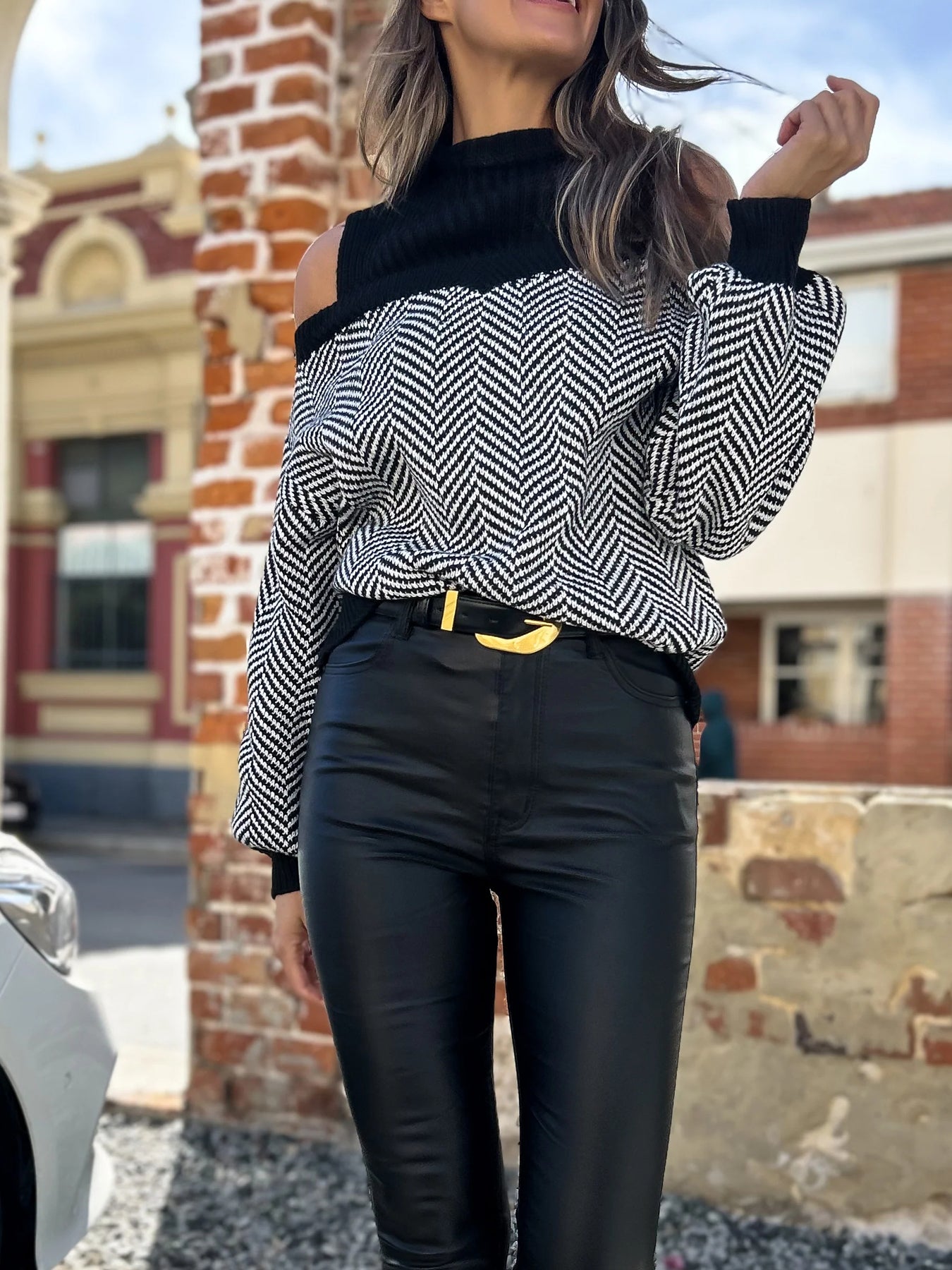 Cold Shoulder Herringbone Knit Sweater