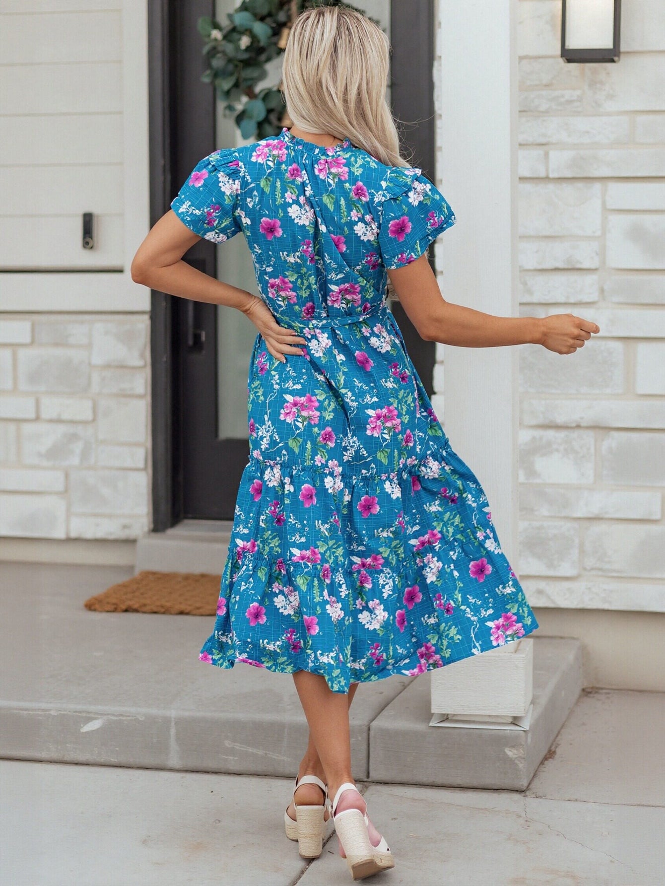 Floral Flutter Sleeve Tiered Midi Dress