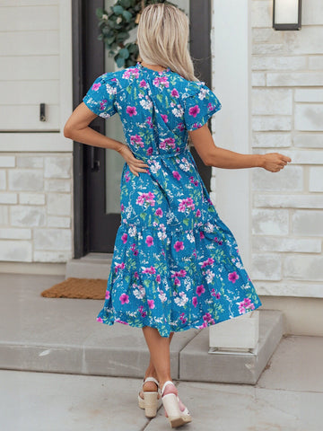 Floral Flutter Sleeve Tiered Midi Dress