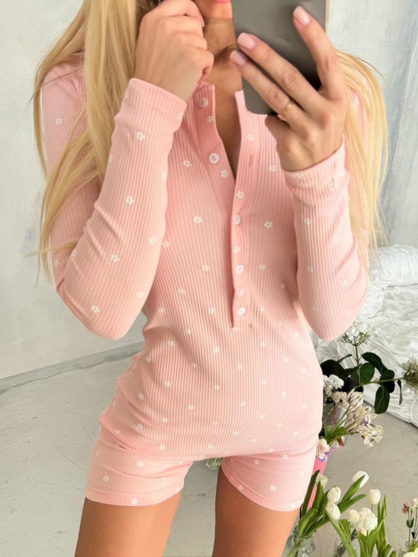 Cozy Ribbed Floral Button Romper Pajamas
