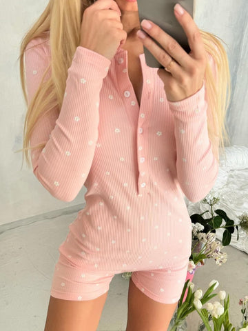 Cozy Ribbed Floral Button Romper Pajamas