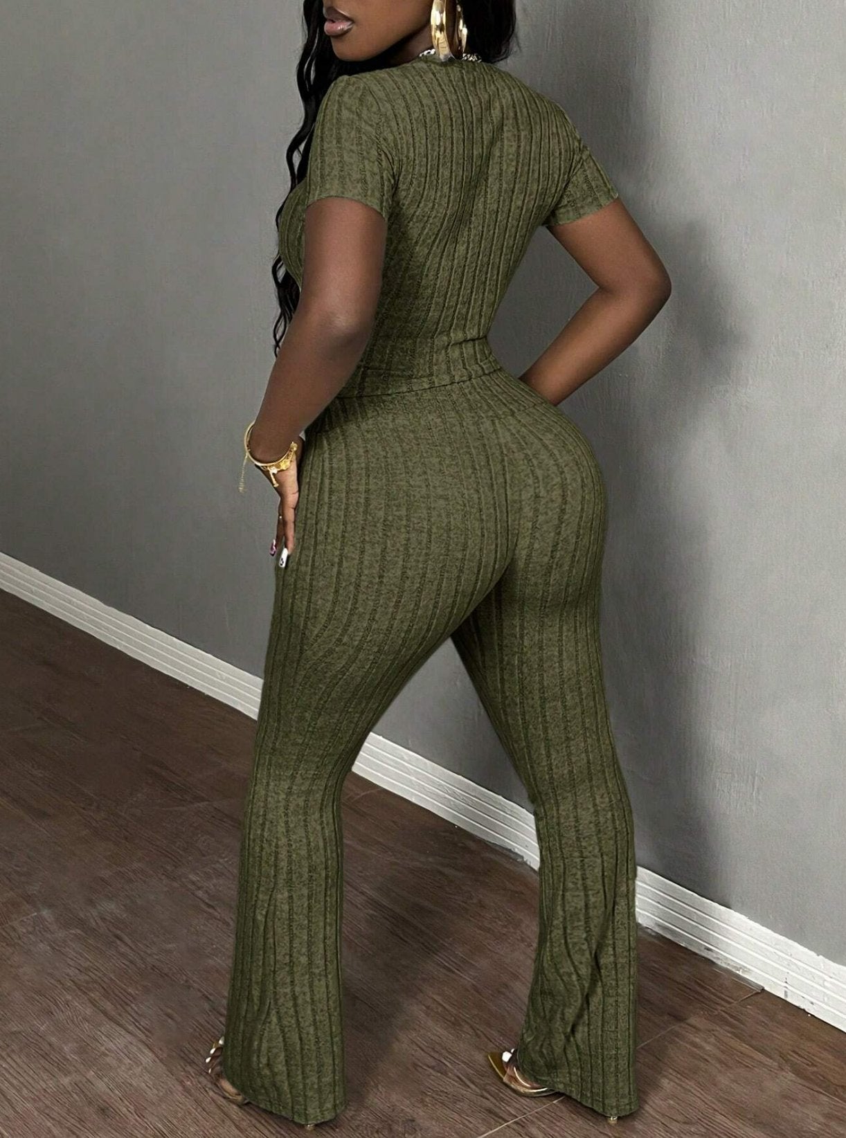 Ribbed Crop Top Flare Pants Set