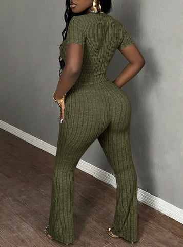 Ribbed Crop Top Flare Pants Set