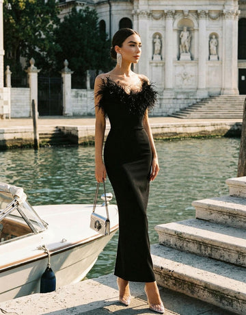 Feathered Top Off Shoulder Maxi Dress