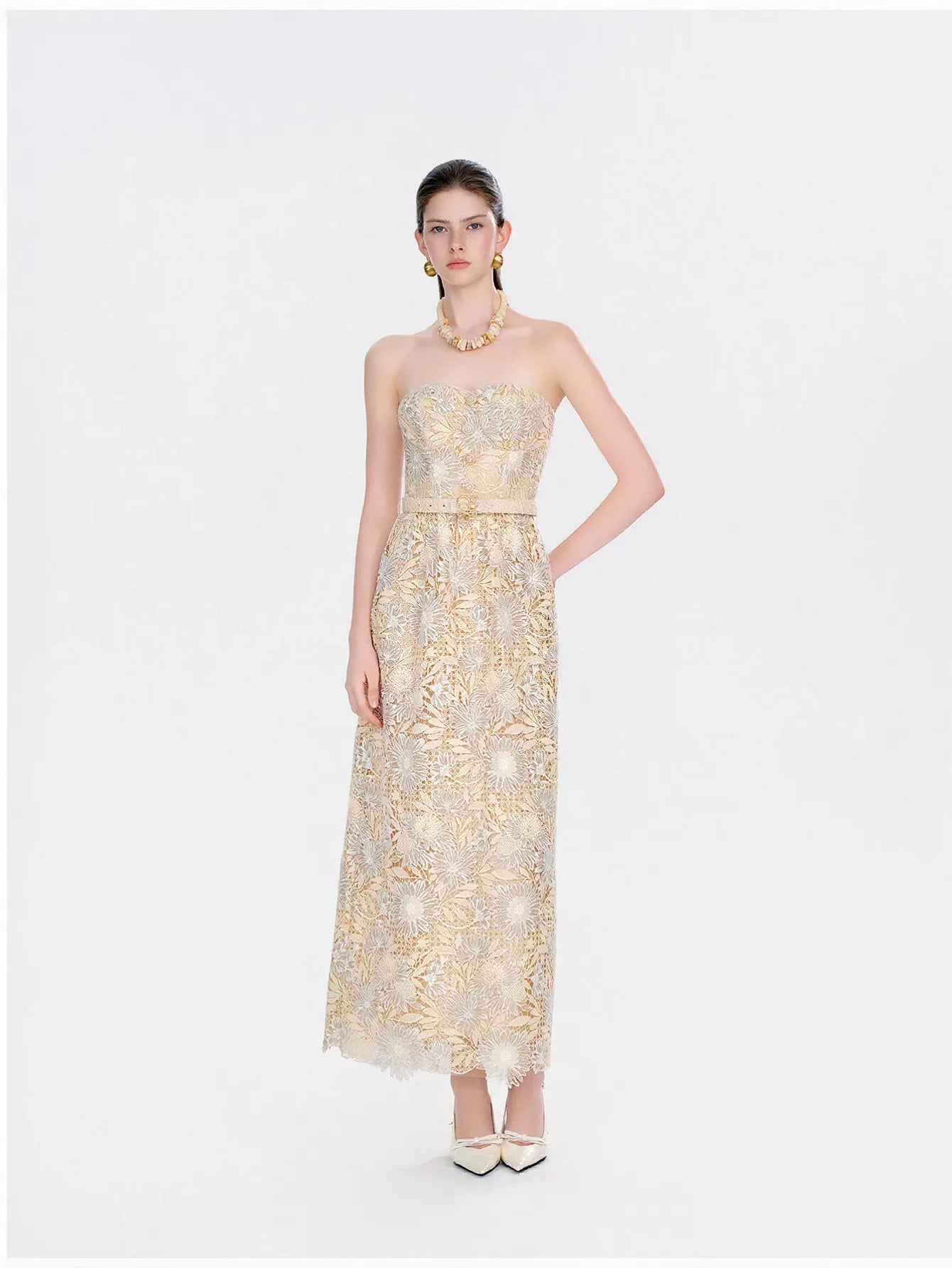 Strapless Floral Lace Belted Maxi Dress