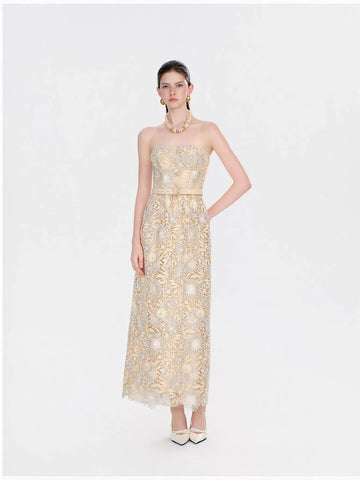 Strapless Floral Lace Belted Maxi Dress