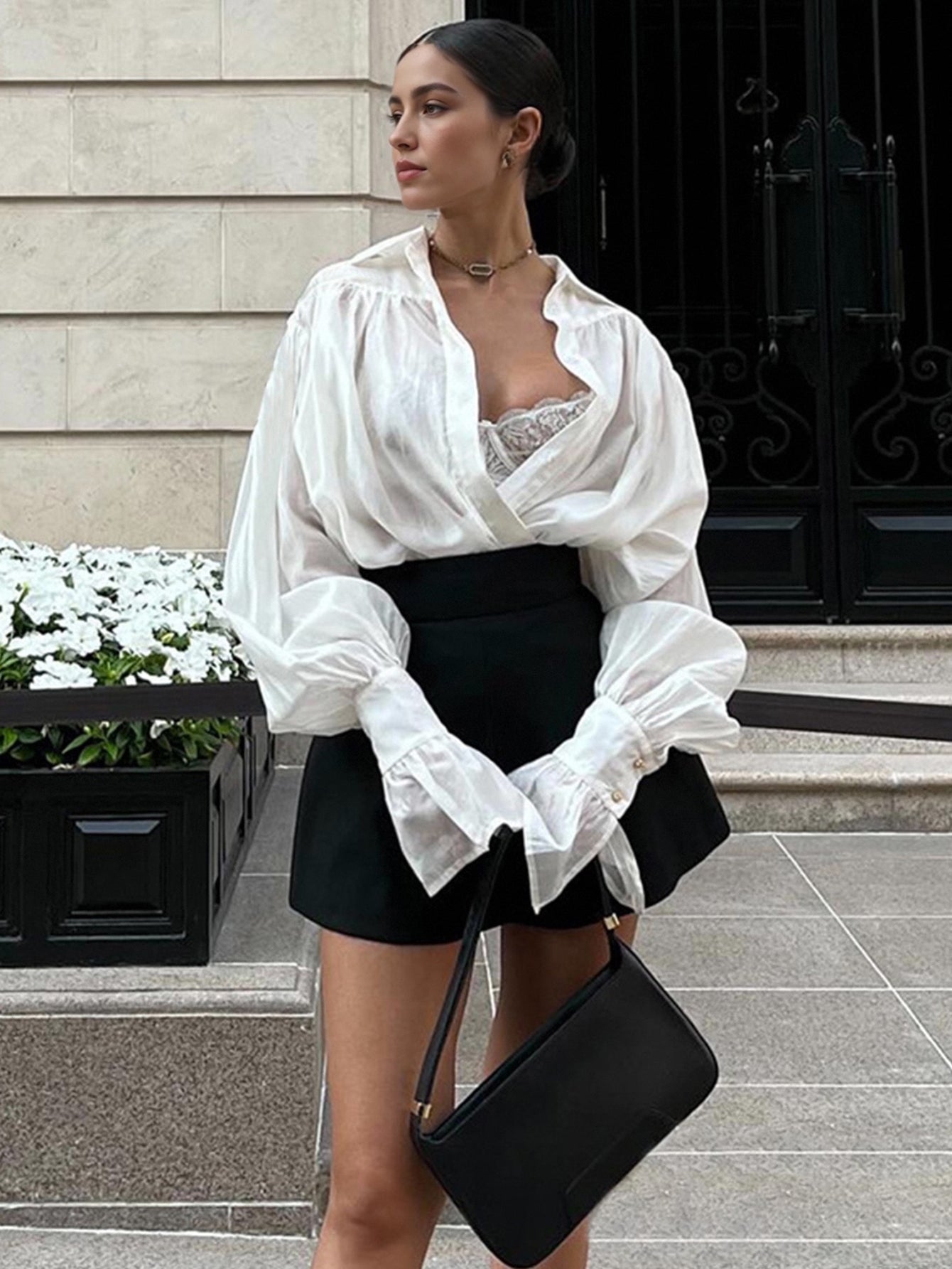 Sheer Balloon Sleeve Button Shirt