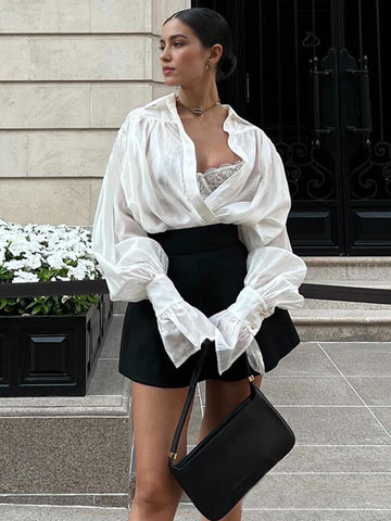 Sheer Balloon Sleeve Button Shirt
