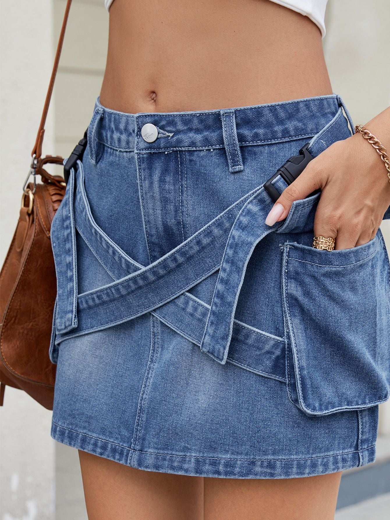 Crisscross Waist Cargo Denim Mini Skirt