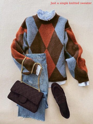 Cozy Oversized Argyle Knitted Sweater