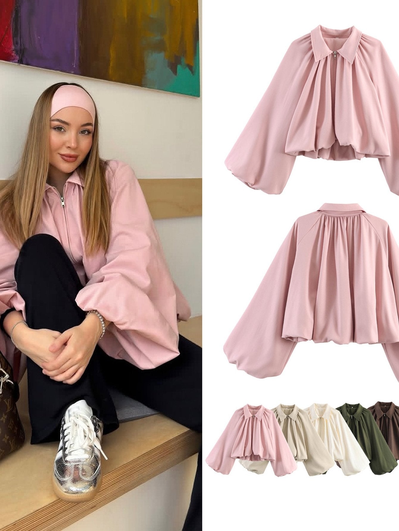 Oversized Balloon Sleeve Zip Up Jacket