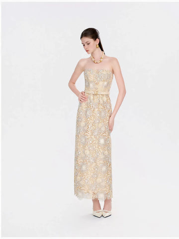 Strapless Floral Lace Belted Maxi Dress