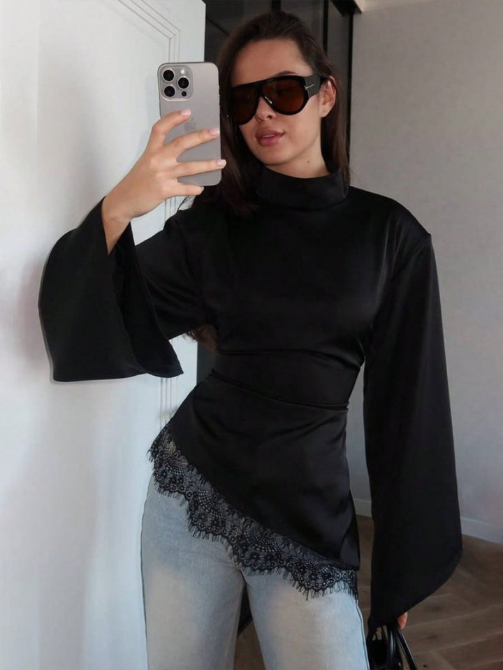 Asymmetric Lace Trim Mock Neck Top