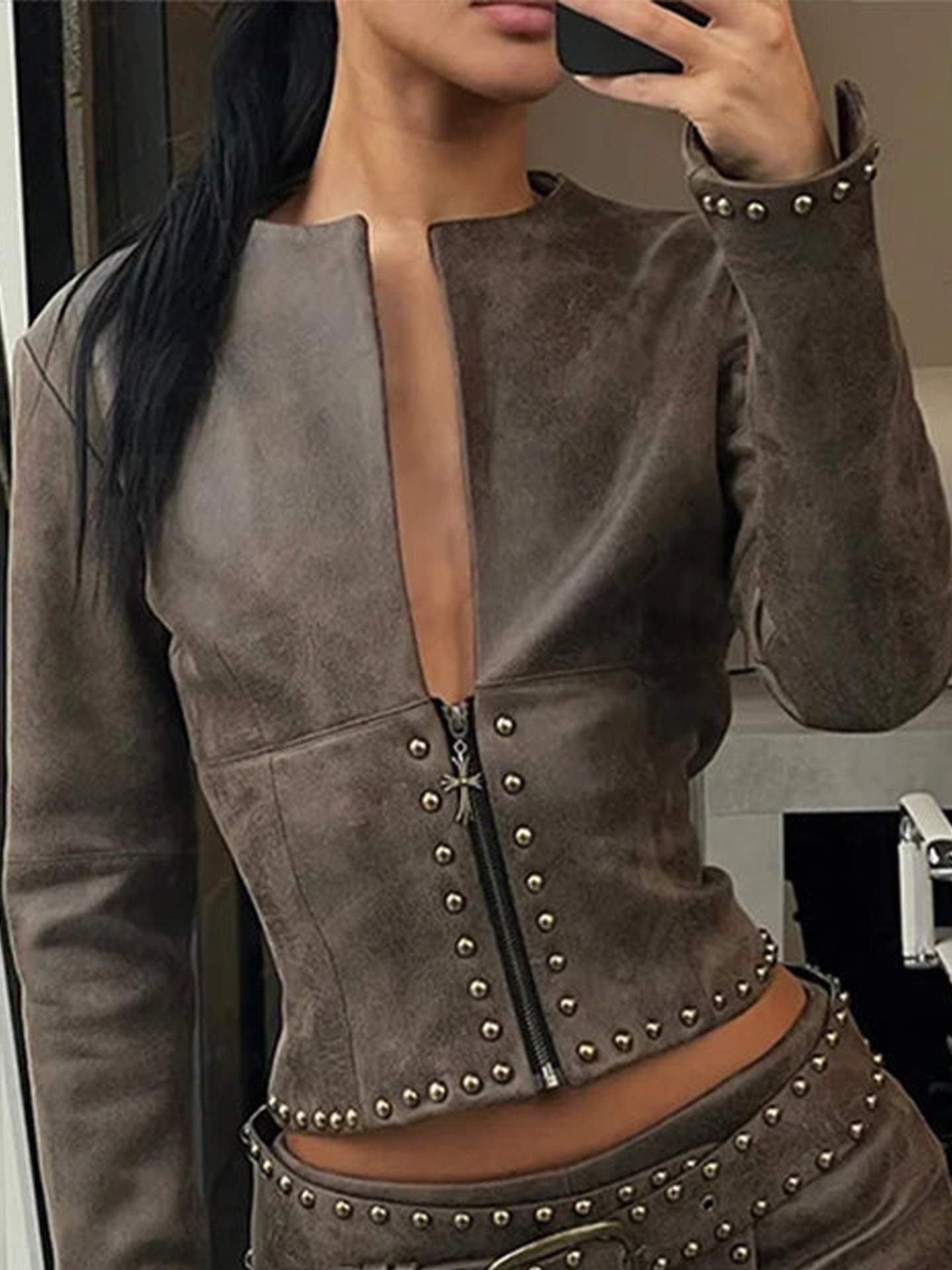 Studded Faux Leather Skirt Set