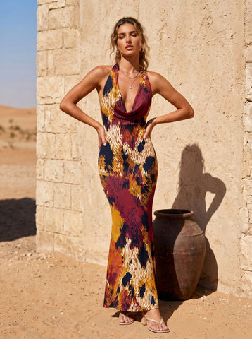 LILA Floral Print Cowl Neck Bodycon Midi Dress