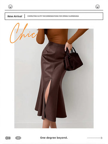 High Waisted Faux Leather Midi Skirt