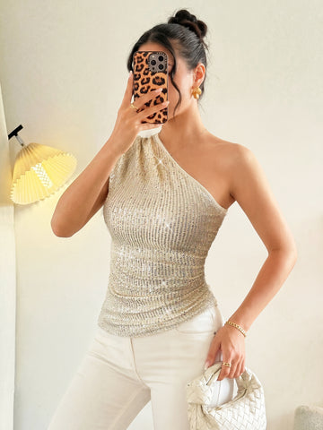 Sparkly One Shoulder Sequin Tank Top