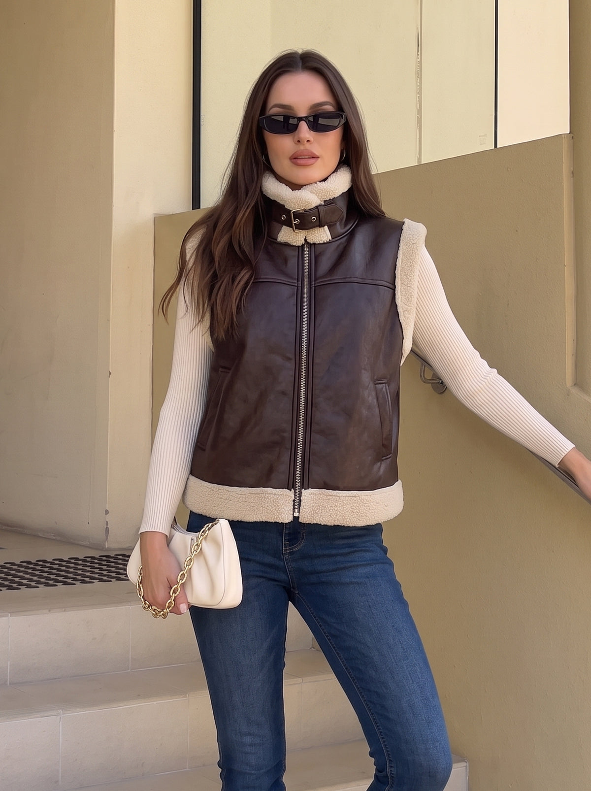 Faux Leather Sherpa Trim Vest