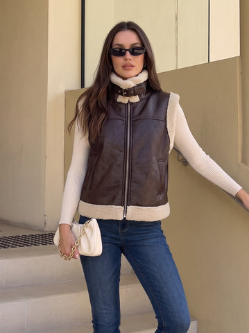 Faux Leather Sherpa Trim Vest