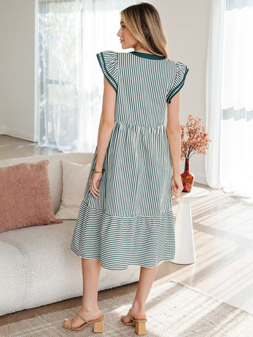Striped Ruffle Sleeve Midi Dress