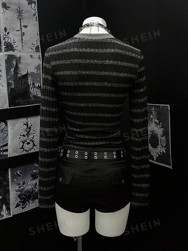 Goth Striped V Neck Long Sleeve Tee