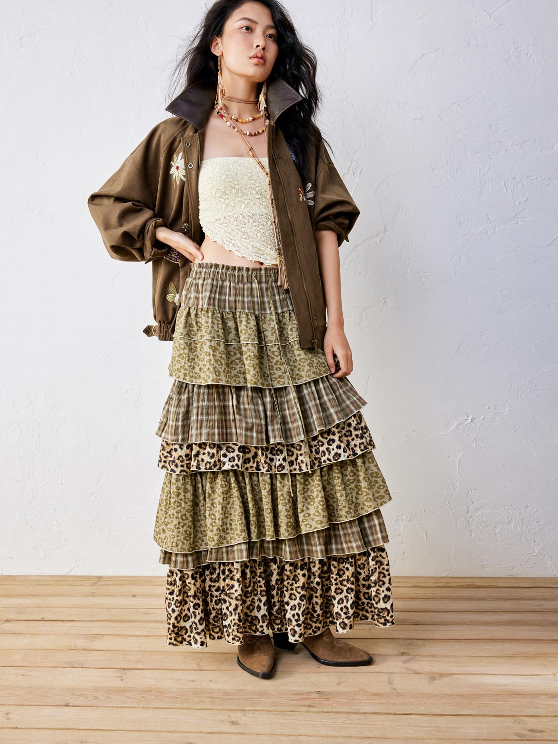 Urban Revivo Tiered A-Line Maxi Skirts-Multicolor