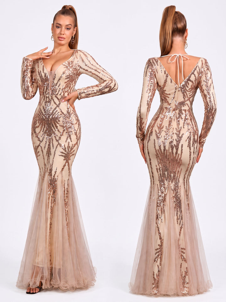 Glittering V Neck Mermaid Evening Dress