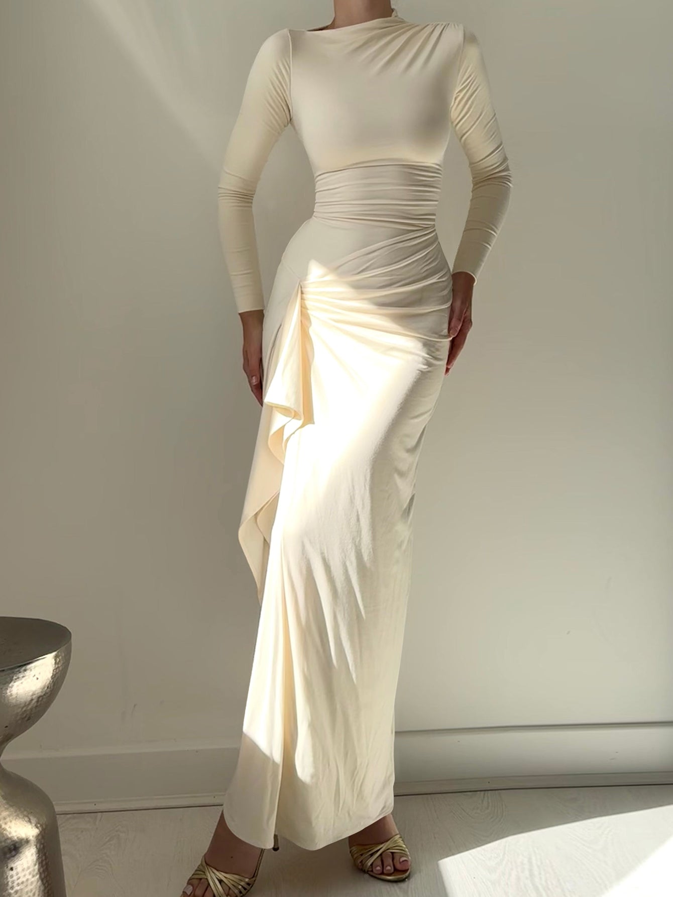 Long Sleeve Ruched Maxi Evening Dress-Multicolor