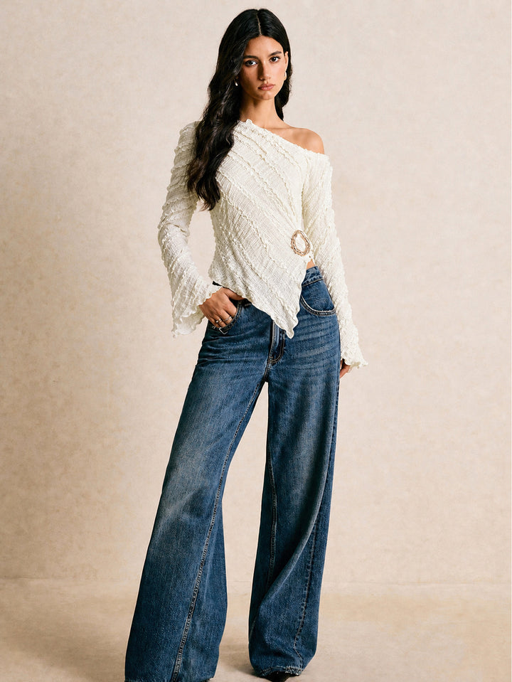 Textured One Shoulder Long Sleeve Top