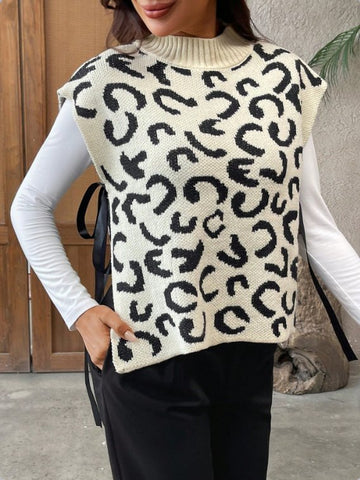 Leopard Print Mock Neck Sweater Vest